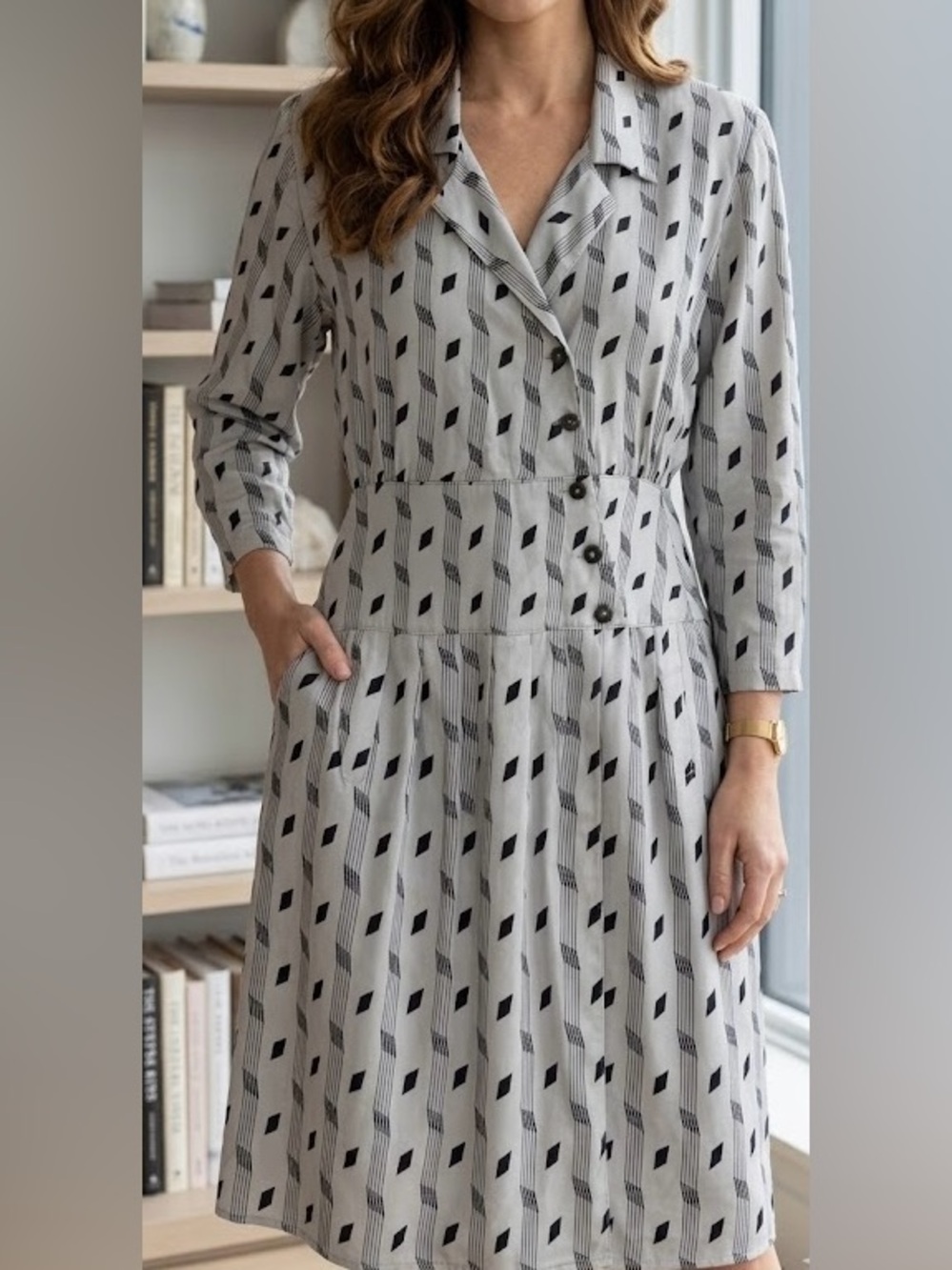 Vintage 1980’s Blake Adams Rayon Shiny Silver Grey Black Button Front Wrap Dress